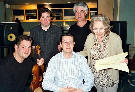 John Wilson records Angela Morley at Abbey Road May 2003. Top row: Michael Dutton and Michael Ponder. Below: Andrew Haverton, John Wilson and Angela Morley (Click to enlarge)